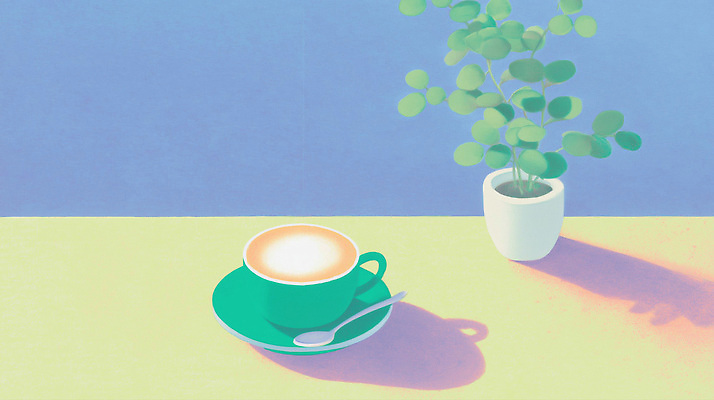 주간 식기 음료 컬러 가구 컨셉 수저 건물 라이프 상점 생태계 파일형식 AI콘텐츠 커피 컵 숟가락 탁자 식물 화분 백그라운드 보라색 초록색 정원 순간 아침 휴식 일상 주택 카페 디자인 오브젝트 자연 일러스트 국내일러스트 JPG AI일러스트