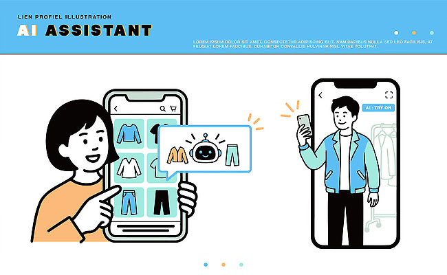 디자인 옷 패션 일러스트 기술 그래픽 스마트폰 쇼핑 세계 디지털 스크린 어플리케이션 소비 그림 추천 도우미 인터페이스 스타일 사용자 AI_인공지능 국내일러스트 AI파일 핸드폰 스마트기기 파일형식 벡터