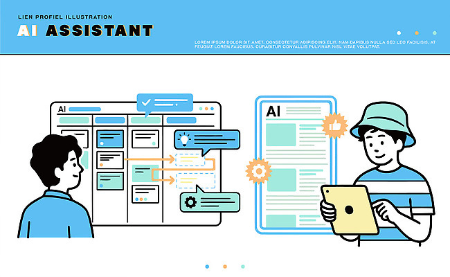 일러스트 기술 대화 설명 사람 그래픽 태블릿 스크린 자료 정보 작업 도움 연결 기능 도우미 소프트웨어 인터페이스 상호작용 AI_인공지능 국내일러스트 AI파일 컨셉 모션 말하기 전자제품 스마트기기 파일형식 벡터