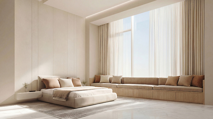 디자인 컬러 가구 컨셉 의자 감각 CG 파일형식 AI콘텐츠 방 소파 침대 베이지색 창문 내부 공간 거실 편안함 침실 스타일 편집이미지 편집실사 JPG 인테리어 고급 AI포토