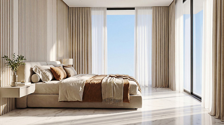 디자인 가구 생활용품 컨셉 건물 태양 CG 파일형식 AI콘텐츠 침실 창문 햇빛 침대 탁자 침구 공간 내부 커튼 모던 주택 편집이미지 편집실사 JPG 인테리어 고급 AI포토