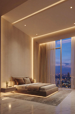 디자인 생활용품 컨셉 의자 감각 CG 파일형식 AI콘텐츠 침실 도시 풍경 모던 조명 창문 빛 편안함 가구 바닥 소파 커튼 편집이미지 편집실사 JPG 인테리어 고급 AI포토