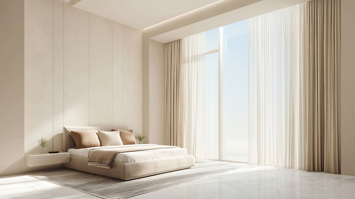 디자인 가구 컨셉 침구 내부 태양 CG 파일형식 AI콘텐츠 방 침대 창문 햇빛 베개 바닥 공간 실내 설치 편집이미지 편집실사 JPG 인테리어 고급 침실 AI포토