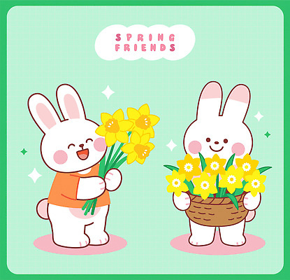 동물 캐릭터 꽃 행복 컬러 꽃다발 일러스트 모션 자연 웃음 친구 바구니 귀여움 봄 모임 토끼 즐거움 장면 국내일러스트 AI파일 식물 계절 감정 컨셉 포유류 관계 표정 반려동물 생태계 파일형식 벡터