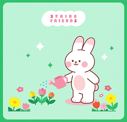 식물 캐릭터 디자인 꽃 화초 컬러 꽃밭 일러스트 모션 자연 장식 귀여움 정원 봄 물뿌리개 토끼 즐거움 물주기 원예 이미지 국내일러스트 AI파일 계절 감정 컨셉 포유류 취미 반려동물 생태계 파일형식 벡터