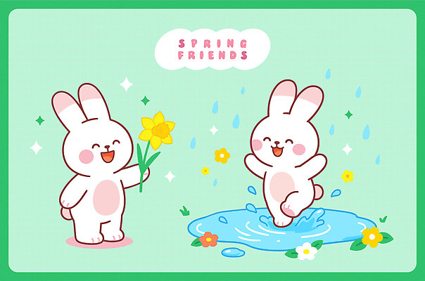 꽃 행복 컬러 백그라운드 일러스트 자연 물놀이 생명 웃음 장식 초록색 친구 노란색 봄 토끼 신선 즐거움 조화 흥미 국내일러스트 AI파일 식물 계절 감정 컨셉 포유류 관계 놀이 표정 반려동물 생태계 파일형식 벡터