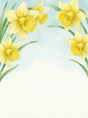 JPG 식물 디자인 꽃 화초 예술 줄기 컬러 백그라운드 일러스트 자연 하늘 수채화 프레임 장식 노란색 물감 봄 그림 수선화 뷰티풀 국내일러스트 계절 미술도구 생태계 파일형식