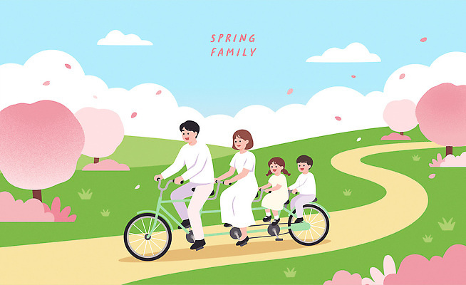 여자 남자 행복 길 어린이 일러스트 가족 신혼부부 모션 자연 함께함 풍경 야외 일상 부모 운동 자전거 봄 산책 육아 벚꽃 시간 출산 즐거움 봄소풍 국내일러스트 AI파일 부부 계절 꽃 감정 컨셉 관계 휴식 건강 사람 라이프 소풍 바이크 생태계 신혼 파일형식 벡터