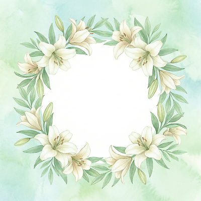 JPG 식물 디자인 꽃 예술 컬러 결혼 백그라운드 잎 일러스트 자연 수채화 프레임 장식 연두색 공백 원형 중앙 백합 그림 청록색 국내일러스트 도형 이벤트 초록색 생태계 파일형식