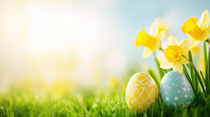 JPG 식물 편집이미지 계절 꽃 컬러 자연 부활절 풍경 잔디 야외 장식 초록색 파란색 햇빛 노란색 계란 축제 봄 부활절계란 부활 수선화 초봄 이미지편집 AI일러스트 AI콘텐츠 기념일 태양 알 생태계 파일형식