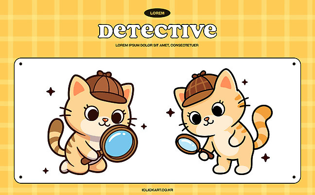 동물 캐릭터 일러스트 모션 상상 이야기 장식 반려동물 노란색 귀여움 고양이 즐거움 오브젝트 검사_조사 체크무늬 탐정 일러캐릭터 AI파일 감정 컬러 컨셉 무늬 포유류 파일형식 벡터