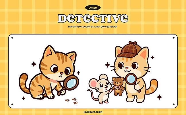 동물 캐릭터 포즈 일러스트 놀이 돋보기 친구 귀여움 고양이 곰인형 미니어처 도전 쥐 즐거움 그림 탐색 탐정 상상력 일러캐릭터 AI파일 감정 인형 컨셉 포유류 관계 반려동물 모형 설치류 파일형식 벡터