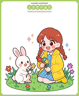 동물 꽃 행복 어린이 일러스트 자연 놀이 웃음 소녀 잔디 친구 귀여움 정원 봄 외투 토끼 조화 소통 순간 국내일러스트 AI파일 식물 계절 여자 감정 컨셉 상의 포유류 관계 표정 사람 반려동물 생태계 파일형식 벡터