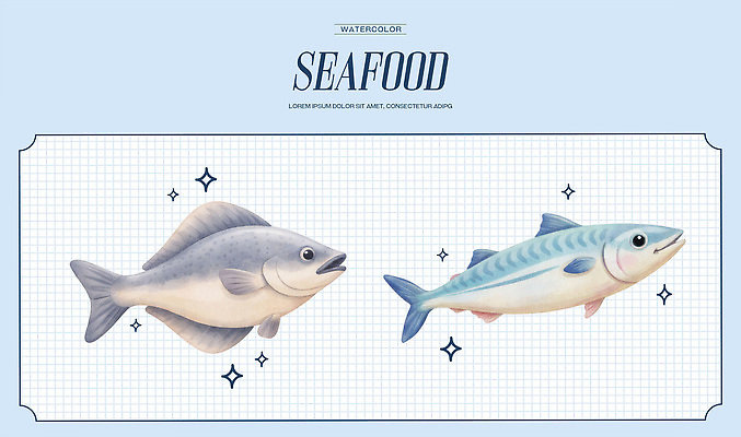 PSD 디자인 예술 음식 바다 일러스트 자연 수채화 어류 어업 파란색 갈색 줄무늬 수조 해산물 그림 수족관 수산시장 먹거리 국내일러스트 산업 컬러 무늬 수중동물 시장 생태계 파일형식