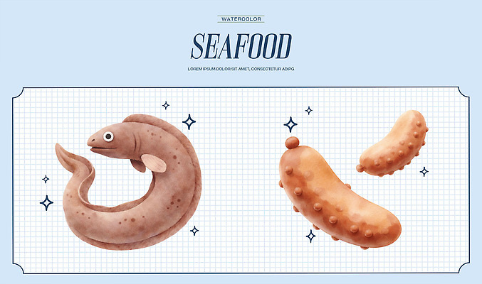 PSD 예술 음식 바다 일러스트 수채화 어류 요리 해변 식사 수중동물 해산물 해수욕장 그림 문어 해삼 먹거리 국내일러스트 동물 연체동물 파일형식