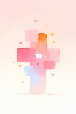 JPG 모양 디자인 기독교 예술 분홍색 컬러 백그라운드 십자가 패턴 일러스트 추상 그래픽 파란색 주황색 물감 블록 구조물 색채 조합 창작 국내일러스트 AI일러스트 AI콘텐츠 건축 종교 무늬 미술도구 파일형식