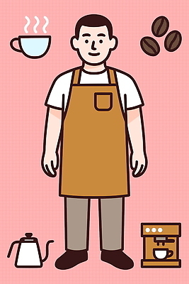 전통 커피 음료 일러스트 주방 앞치마 카페 원두 도구 작업 커피메이커 고객 바리스타 창작 국내일러스트 AI파일 직업 상점 커피용품 파일형식 벡터