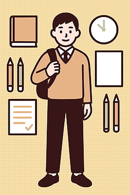 학생 교육 종이 어린이 시계 가방 일러스트 교실 학교 학용품 소년 일상 책 학습 연필 시간 문서 준비물 체크리스트 국내일러스트 AI파일 잡화 남자 문구용품 사람 라이프 필기구 파일형식 벡터