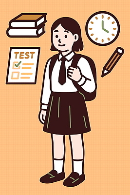 학생 교육 시계 백그라운드 가방 일러스트 학교 정장 책 학습 연필 주황색 시험 시간 체크표시 준비 시험지 긴장 소지품 국내일러스트 AI파일 잡화 옷 감정 컬러 학용품 필기구 오브젝트 확인 파일형식 벡터