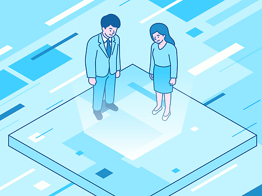 여자 남자 감정 상징 백그라운드 일러스트 비즈니스 회의 직장 기술 대화 사람 파란색 자료 공간 만남 정보 직장인 의견 교류 국내일러스트 AI파일 직업 컬러 컨셉 회사 말하기 파일형식 벡터