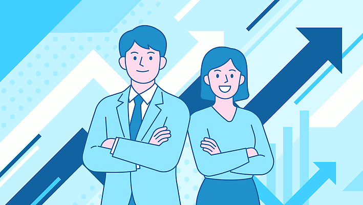 모양 디자인 여자 남자 화살표 백그라운드 컨셉 일러스트 비즈니스 협력 서기 여러명 두명 그래픽 파란색 팔짱 직장인 기하학 국내일러스트 AI파일 직업 컬러 다수 무늬 모션 사람 파일형식 벡터