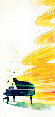JPG 감정 예술 선 음악 백그라운드 일러스트 노래 모션 상상 그래픽 노란색 스크린 소용돌이 흰색 표현 피아노 그림 뷰티풀 순간 창의성 국내일러스트 AI일러스트 AI콘텐츠 컬러 문화예술 회오리 건반악기 파일형식