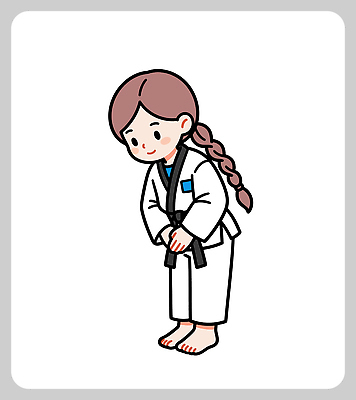 어린이 포즈 일러스트 맨발 발 한국 기술 도복 소녀 학습 운동 무도 인사 영혼 연습 태권도 체육관 검은띠 소통 스타일 국내일러스트 AI파일 옷 여자 교육 아시아 스포츠용품 스포츠 컨셉 건강 사람 신체부위 격투기 예절 끈 파일형식 벡터