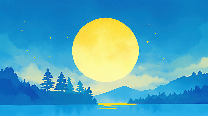 자연요소 식물 명절 감정 컬러 하늘 노을 달 야간 생태계 파일형식 풍경_경치 AI콘텐츠 호수 산 나무 풍경 자연 야경 일출 일몰 노란색 파란색 수평선 숲 여유 일러스트 국내일러스트 JPG 밤하늘 보름달 정월대보름 AI일러스트