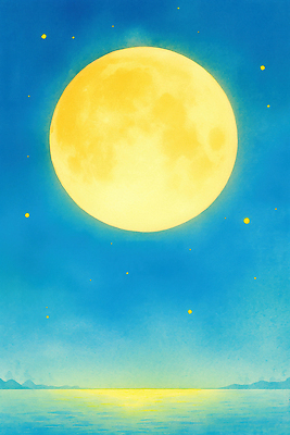 자연요소 명절 컬러 컨셉 하늘 라이프 물 파란색 달 야간 생태계 파일형식 AI콘텐츠 노란색 바다 별 달빛 반사 풍경 수면 자연 하늘색 수평선 점 일상 평화 대기 일러스트 국내일러스트 JPG 밤하늘 보름달 정월대보름 AI일러스트