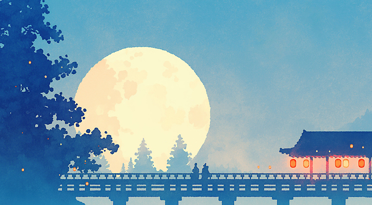 자연요소 식물 한국전통 명절 고건축 모션 하늘 문화예술 조명 물 달 야간 생태계 파일형식 AI콘텐츠 강 사람 나무 풍경 등불 자연 산 수면 조용 걷기 음악 고요 시간 일러스트 국내일러스트 JPG 밤하늘 보름달 정월대보름 한옥 AI일러스트