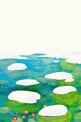 자연요소 식물 계절 컬러 휴식 미술 풍경 물 노을 절기 생태계 파일형식 AI콘텐츠 돌_바위 꽃 자연 흰색 초록색 수면 반사 습기 산책 조용 물가 땅 여름 채색 밝음 일출 일몰 일러스트 국내일러스트 JPG 우수 봄 AI일러스트