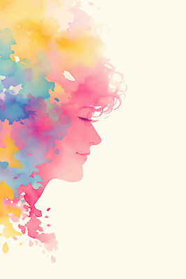 컨셉 표정 사람 신체부위 미술도구 파일형식 AI콘텐츠 여자 머리 컬러 물감 흐름 예술 그림 얼굴 단순화된 화려 창의성 백그라운드 감정 모양 표현 미소 감각 이미지 일러스트 국내일러스트 JPG AI일러스트