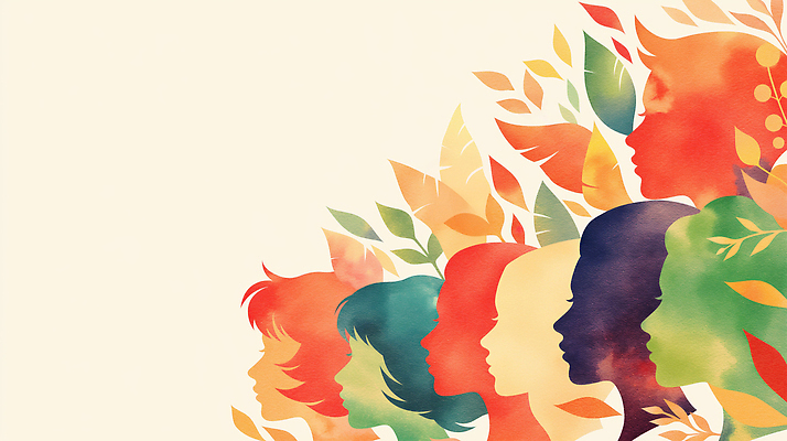 뷰포인트 다수 잎 사람 그림 파일형식 AI콘텐츠 옆모습 컬러 백그라운드 식물 나뭇잎 수채화 초상화 여자 남자 디자인 표현 창의성 감정 문화 다양 예술 일러스트 국내일러스트 JPG AI일러스트