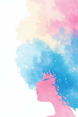 헤어스타일 컬러 촬영기법 사람 미술도구 파일형식 AI콘텐츠 여자 실루엣 파마 백그라운드 그림 예술 표현 분홍색 파란색 물감 수채화 창의성 디자인 모양 일러스트 국내일러스트 JPG AI일러스트