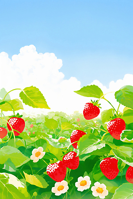 JPG 식물 열매 꽃 밭 채소 과일 일러스트 자연 하늘 딸기 초록색 여름 햇빛 농장 소풍 농사 수확 밝은색 오후 국내일러스트 계절 컬러 농업 태양 야외활동 생태계 파일형식