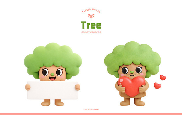 PSD 나무 편집이미지 캐릭터 컬러 표정 사랑 초록색 3D 귀여움 마음 표현 장면 대칭 편집3D 식물 감정 컨셉 디지털합성 파일형식