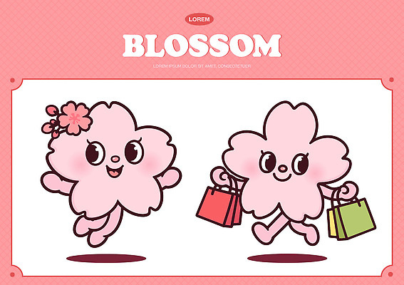 캐릭터 디자인 분홍색 컬러 포즈 백그라운드 일러스트 들기 여러명 일상 쇼핑 귀여움 봄 벚꽃 상품 즐거움 오브젝트 그림 꽃캐릭터 일러캐릭터 AI파일 계절 꽃 감정 다수 컨셉 모션 사람 라이프 파일형식 벡터