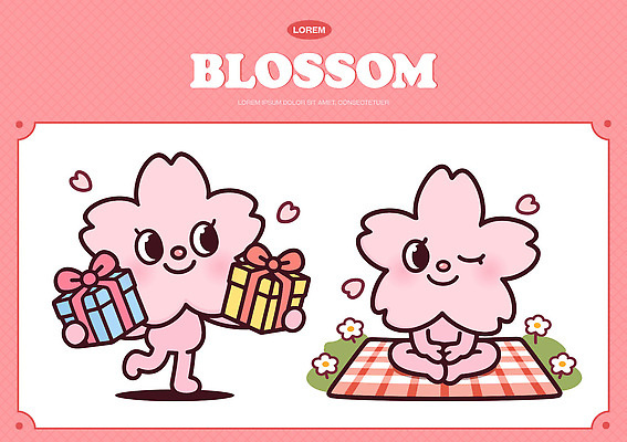 캐릭터 디자인 꽃 행복 분홍색 컬러 백그라운드 일러스트 모션 표정 선물 사랑 미소 들기 앉기 선물상자 소파 귀여움 봄 다양 벚꽃 꽃캐릭터 일러캐릭터 AI파일 식물 계절 감정 다수 컨셉 의자 상자 파일형식 벡터