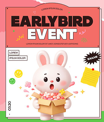 식물 편집이미지 컬러 컨셉 포유류 반려동물 티켓 홍보물 파일형식 벡터 이벤트 토끼 캐릭터 상자 꽃 전단 백그라운드 분홍색 디자인 귀여움 알림 그림 표현 그래픽 이미지편집 AI파일 세일 얼리버드