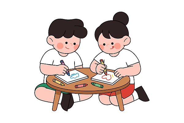 손 종이 어린이 컬러 일러스트 모션 놀이 탁자 짧은머리 소녀 소년 두명 친구 두개 즐거움 그림 크레파스 창의력 국내일러스트 AI파일 헤어스타일 여자 남자 감정 가구 2 관계 학용품 사람 신체부위 파일형식 벡터