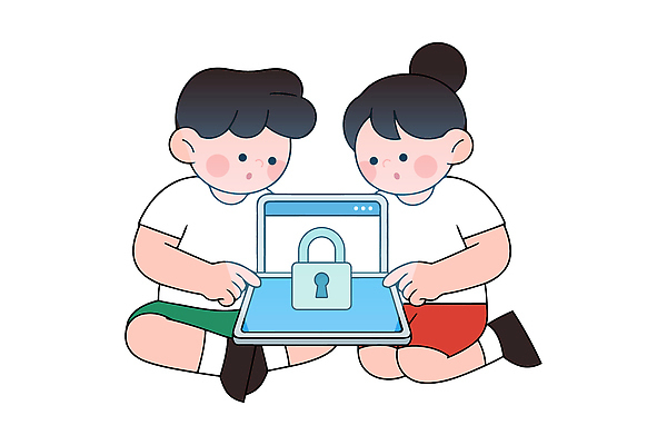 캐릭터 어린이 일러스트 모션 놀이 협력 바닥 자물쇠 기술 안전 두명 친구 학습 컴퓨터 디지털 스크린 정보 집중 잠금 국내일러스트 AI파일 교육 컨셉 관계 사람 전자제품 보안 파일형식 벡터