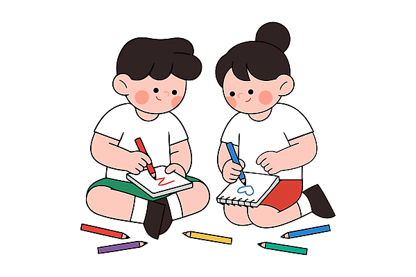 손 어린이 컬러 일러스트 모션 놀이 색연필 바닥 실내 취미 친구 공책 작업 그리기 즐거움 그림 창의성 국내일러스트 AI파일 감정 관계 문구용품 학용품 사람 내부 신체부위 파일형식 벡터