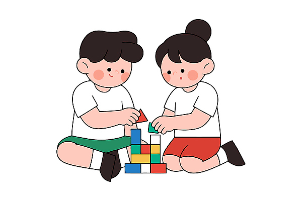 교육 어린이 컬러 일러스트 가족 모션 놀이 바닥 소녀 소년 두명 친구 쌓기 블록 시간 즐거움 소통 구성 창의력 상호작용 국내일러스트 AI파일 여자 남자 감정 컨셉 관계 사람 파일형식 벡터