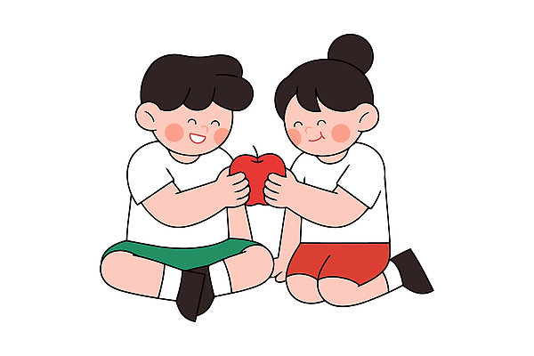 캐릭터 어린이 일러스트 장난 모션 놀이 디저트 웃음 앉기 친구 유치원 사과 즐거움 나누기 공유 소통 배려 국내일러스트 AI파일 교육 감정 음식 컨셉 과일 관계 표정 사람 파일형식 벡터