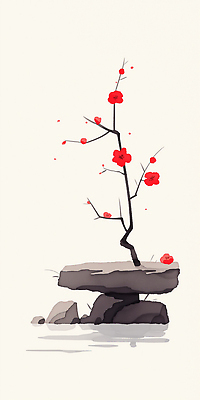 식물 도구 동양화 생태계 매화 파일형식 AI콘텐츠 나무 꽃 돌_바위 장면 자연 환경 풍경 그림 예술 지지대 성장 단순화된 뷰티풀 일러스트 국내일러스트 JPG 한국화 홍매화 AI일러스트