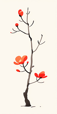 나무 식물 꽃 컬러 백그라운드 흰색 동양화 생태계 매화 파일형식 AI콘텐츠 나뭇가지 흰배경 빨간색 꽃봉오리 자연 생명 디자인 예술 단순화된 그래픽 색감 선 모양 장식 일러스트 국내일러스트 JPG 한국화 홍매화 AI일러스트