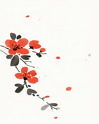 식물 컬러 동양화 생태계 매화 파일형식 AI콘텐츠 꽃 빨간색 잎 검은색 백그라운드 흰색 그림 예술 자연 디자인 수채화 장식 뷰티풀 스타일 평행 이미지 표현 일러스트 국내일러스트 JPG 한국화 홍매화 AI일러스트