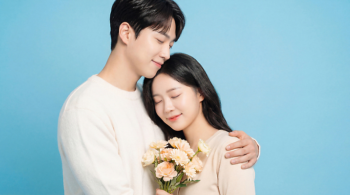 JPG 편집이미지 커플 여자 기념일 남자 꽃 행복 꽃다발 관계 포옹 사랑 미소 사람 두명 사진촬영 파란배경 소통 의료성형뷰티 편집실사 AI인물포토 AI콘텐츠 식물 감정 백그라운드 컨셉 안기 표정 이벤트 파란색 촬영 CG 파일형식 AI포토