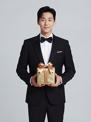 JPG 편집이미지 옷 남자 리본 포즈 백그라운드 포장 선물 정장 이벤트 선물상자 촬영 모임 금색 축하 고급 의료성형뷰티 스타일 편집실사 AI인물포토 AI콘텐츠 컬러 컨셉 사람 상자 CG 파일형식 AI포토