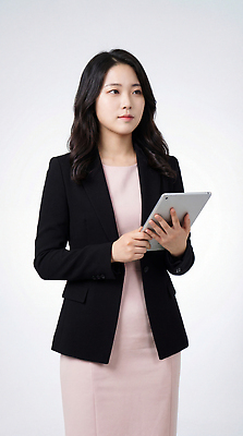 JPG 편집이미지 옷 여자 포즈 비즈니스 직장 기술 무표정 정장 태블릿 사무실 기계 대기 의료성형뷰티 편집실사 AI인물포토 AI콘텐츠 감정 회사 표정 사람 전자제품 스마트기기 CG 파일형식 AI포토